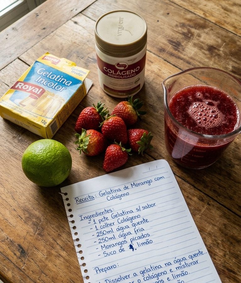 Ingredientes da receita: gelatina sem sabor, colágeno, morangos e a receita escrita à mão